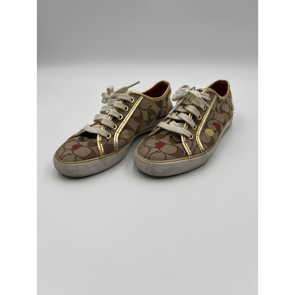Coach Alivia Khaki Signature Heart Low Top Sneakers Gold Trim 6.5 M 34A0495-KHB